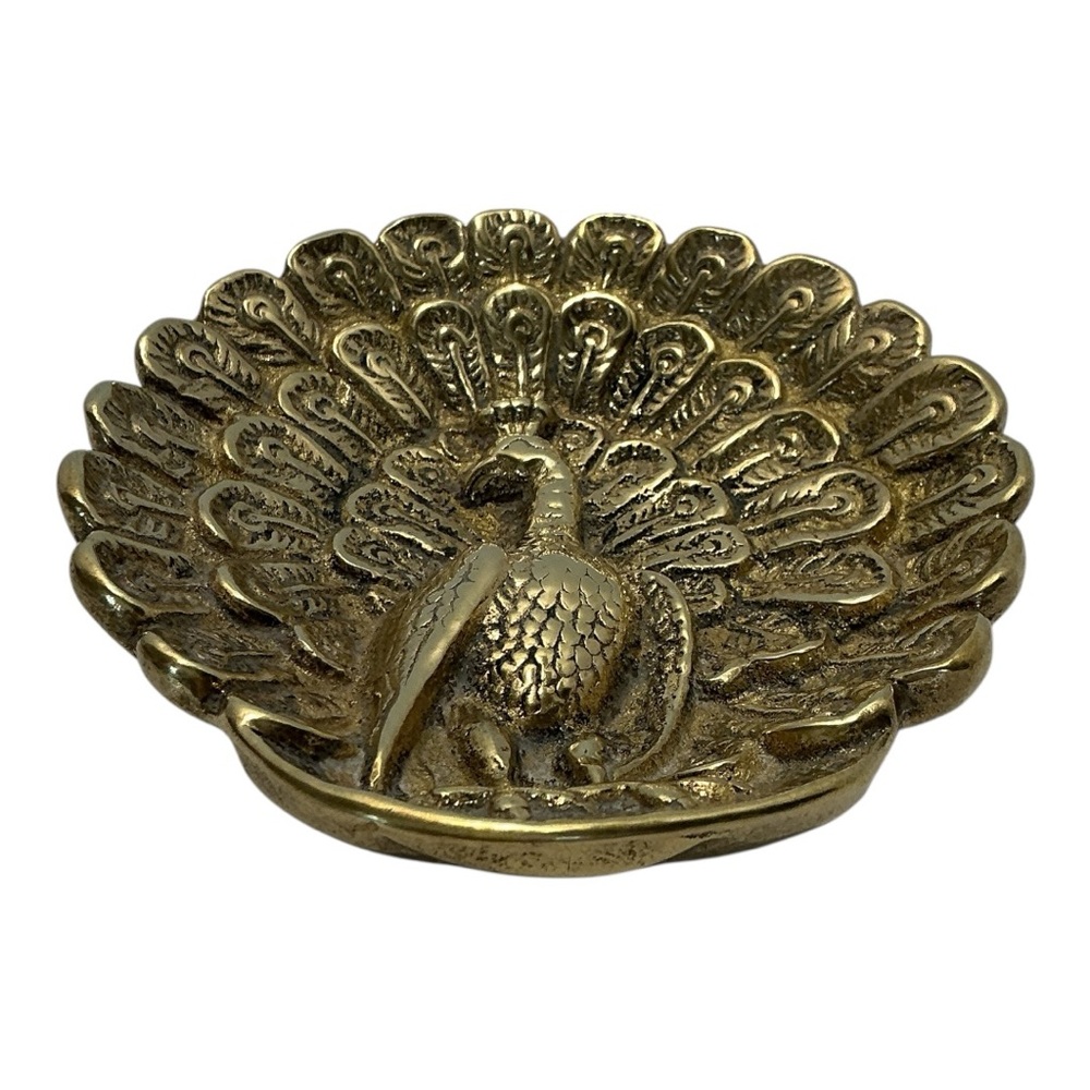 Brass Peacock Trinket Dish Scalloped Edge Embossed Raised 3D Feather Plume VTG - Picture 5 of 16
